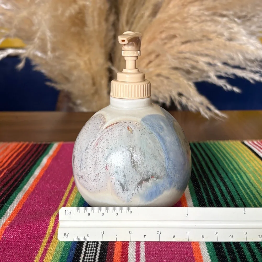 Handmade Studio Pottery Soap Dispenser Set Drip Glaze Stoneware Boho Decor 2pc